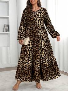 Vionelle 大码女式春夏纯色圆领灯笼袖荷叶边下摆宽松休闲连衣裙长款女装 - 彩色 - 查看 5