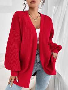 SHEIN EZwear 大码休闲落肩罗纹针织开衫，红色，秋冬 - 紅色 - 查看 3
