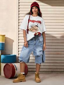 Popeye X SHEIN Áo thun tay ngắn in chữ và nhân vật hoạt hình cổ điển dành cho nữ, mùa hè, áo thun cotton, áo thun nữ cỡ lớn - trắng - Xem 4