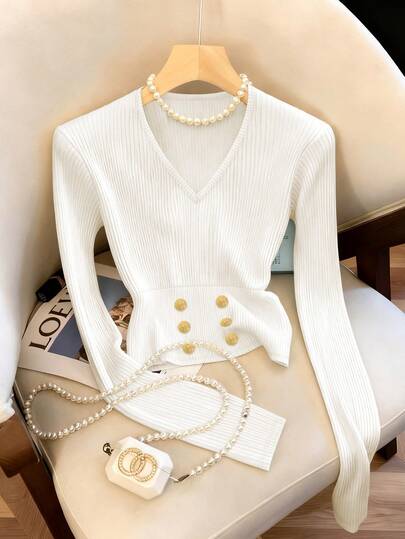 Franclia Blusa de punto elástica con cuello en V, diseño de cintura ceñida, decoración de botón metálico, manga larga ajustada, para uso diario, oficina, citas, fiestas, vacaciones, interiores y exteriores