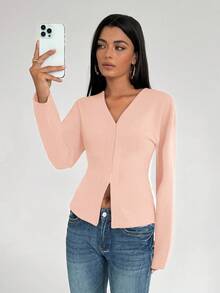 Aloruh Women's Fashionable French Retro V-Neck Raglan Sleeve Long Sleeve Pink Knit Shirt - Pink - View 5