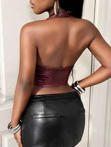 BamGleam Women's Solid Color PU Leather Backless Sexy Halter Neck Red Top,Christmas - Burgundy - View 2