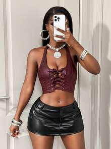 BamGleam Women's Solid Color PU Leather Backless Sexy Halter Neck Red Top,Christmas - Burgundy - View 3