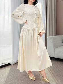 Feyla Women's Elegant Lantern Sleeve Long Dress For Commuting Dress Modest Cream Dress - White - View 1