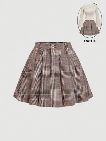 SHEIN MOD 金属扣格子高腰女裙