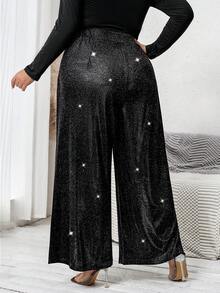 SHEIN CURVE+ Plus Size Women Elegant Shiny Knit Wide Leg Pants Plus Size Christmas/Winter - Black - View 2