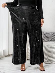SHEIN CURVE+ Plus Size Women Elegant Shiny Knit Wide Leg Pants Plus Size Christmas/Winter - Black - View 3