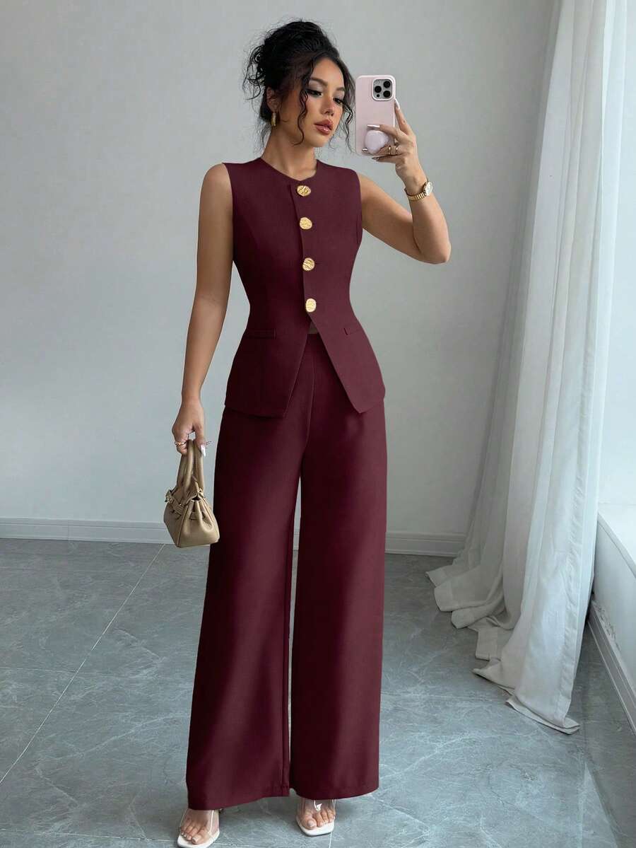 Selianne 女士优雅花卉纽扣装饰休闲/通勤西装 - 酒紅色 - 查看 1