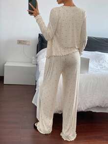 DAZY Women's Polka Dot Print Long Sleeve Button-Up Top And Pants Pajama Set, Fall Winter Clothes - Beige - View 2