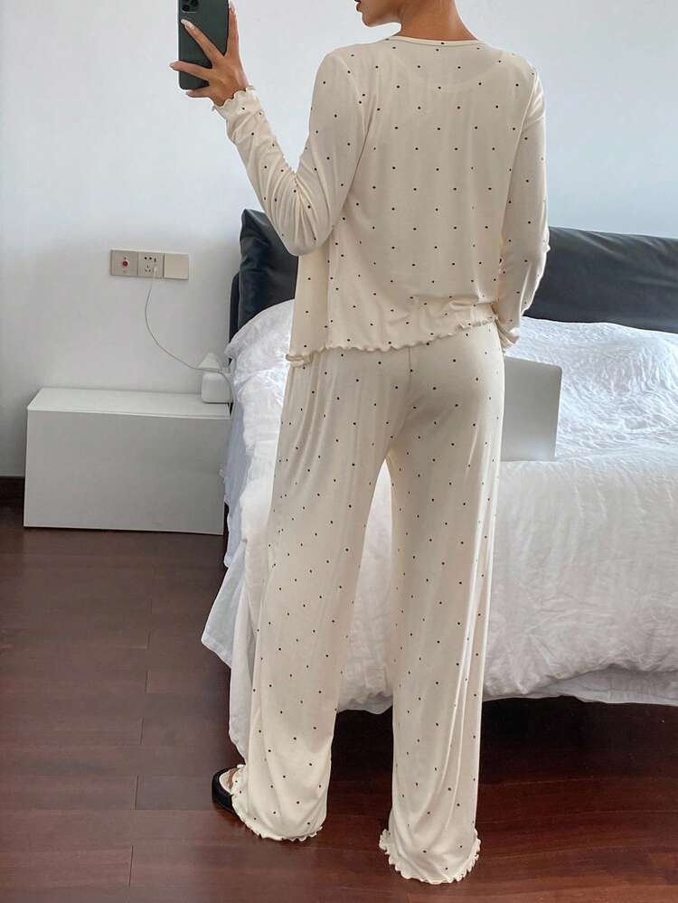 Women's Polka Dot Print Long Sleeve Button-Up Top And Pants Pajama Set, Fall Winter Clothes