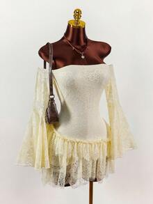 Amplova 女士长袖露肩连衣裙，透视性感前卫，适合秋季穿着，可爱性感蛋糕裙摆 - 白色 - 查看 1