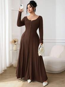 Modelyn Đầm suông dài tay dáng rộng màu trơn có nút cài nửa thân dành cho nữ cỡ lớn - Lạc đà - Xem 6