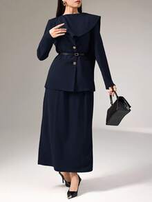 Heiryn Conjunto de dos piezas para mujer con blazer de diseño con botones delanteros de unicolor y falda con bajo dividido en color marrón para otoño/invierno - Azul Marino - Ver 4