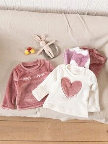 4件套女婴简约可爱爱心、睫毛、云朵图案法兰绒睡衣套装，秋冬季舒适穿着 - 藕粉色 - 查看 3