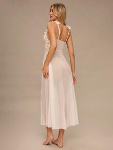Enchnt 2 piezas Camisón largo de encaje y malla con contraste floral con tanga - Blanco - Ver 8