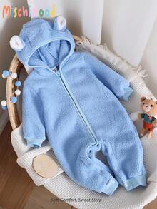男婴兔耳3D毛绒连帽拉链连体衣 婴儿连帽连体衣 婴儿抓绒连体衣 保暖连体衣 新生儿冬季服装 - 淺藍色 - 查看 7