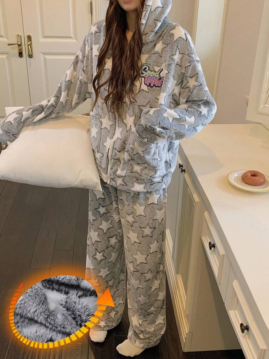 DAZY 2 piezas Conjunto de pijama esponjoso de felpa de coral con estampado de estrellas, con ajuste holgado, top con capucha y pantalones, para otoño/invierno, ropa cómoda para mujer - Gris - Ver 1