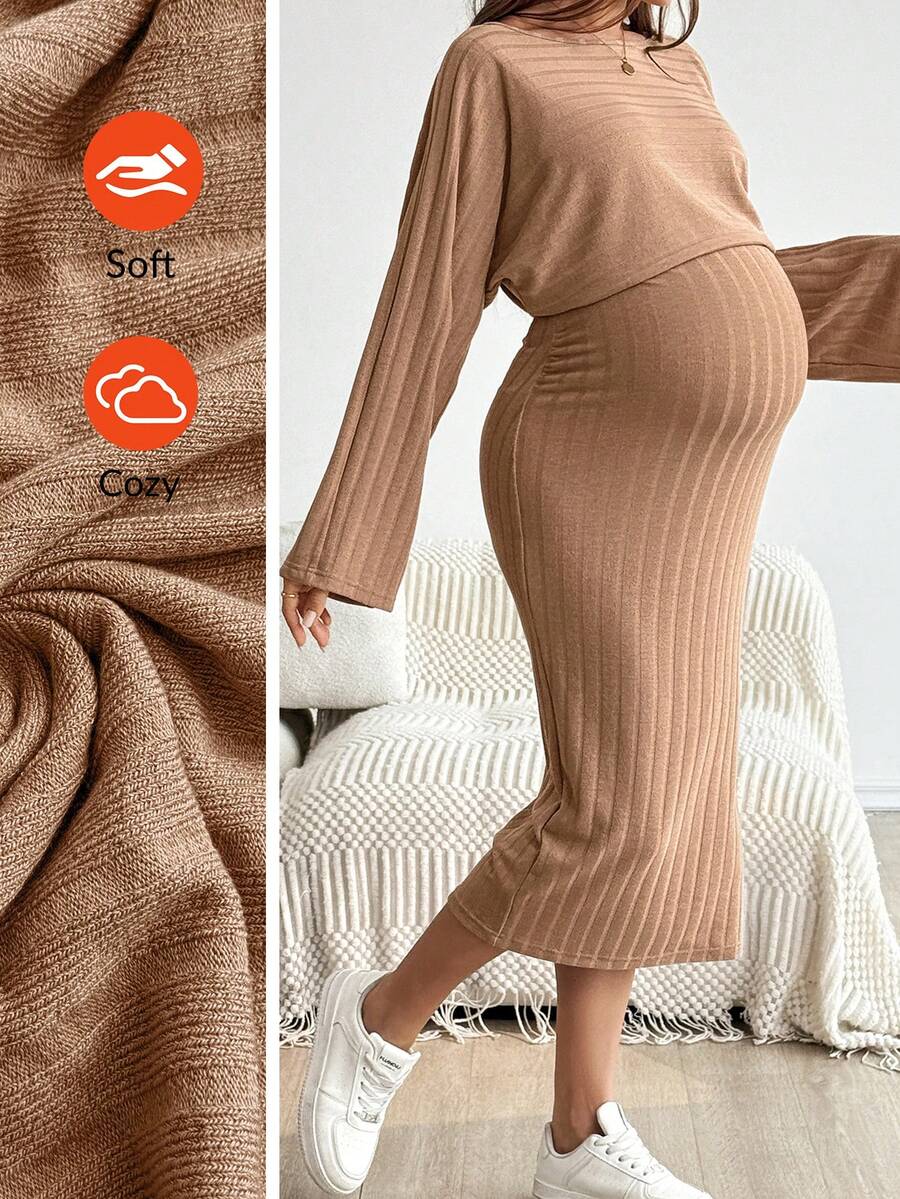 SHEIN Maternity Casual Round Neck Long Sleeve Dress Tan Two Piece Set Maternity Two Piece Set Brown Two Piece Set Knit Two Piece Set Ribbed Two Piece Set  Elegant Dresses For Women