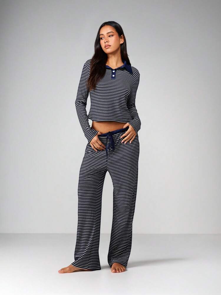 MISSGUIDED Women Navy And White Striped Long Sleeve Lounge Set With Collar And Drawstring Waist