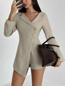 Aloruh Women's New Collared V-Neck Slim-Fit Jumpsuit, Cinched Waist, Elegant Holiday Wear, Beachwear, Carnival Outfit, Casual Skirt-Pants, Elegant Jumpsuit, Vacation Tea Break Attire. - Khaki - View 4