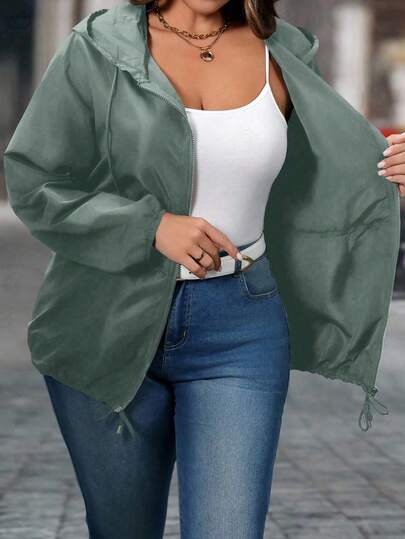 EMERY ROSE Plus Size Casual Solid Color Drawstring Hooded Jacket Fall Winter Cloth For Women Autumn