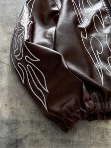 AXEPEAK Men's Autumn Flame Pattern Long Sleeve Zip-Up Casual PU Leather Jacket, For Fall Winter - Bronze - View 3