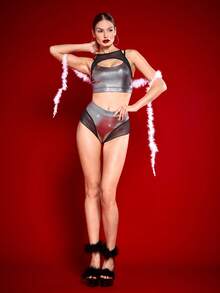 Menodora SHEIN Sport 女士金属质感镂空网眼拼接运动文胸和内裤套装 - 銀色 - 查看 7