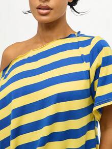 SUMWON 加大码单肩条纹T恤，带有大胆的横向图案，休闲超大上衣 - 彩色 - 查看 6