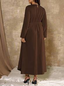 Roveilla Plus Size Women's Elegant Formal Office Commute Casual Vacation Party Vintage Teacher Autumn Middle Eastern Solid Color Round Neck Waist Pleated A-Line Long Sleeve Maxi Dress, Light Yellow Plus Size Brown Dress Chocolate Brown Dress Brown Dress Brown Elegant Dress Women Coffee Brown Dress - Chocolate Brown - View 2