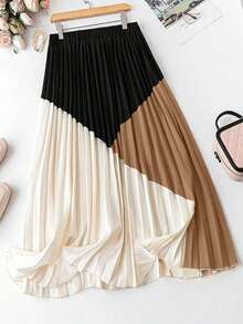 Franclia Plus Size Women's Summer Colorblock High-Waist Pleated Flowy A-Line Skirt, Black White Brown Patchwork Skirt, Casual Holiday - Multicolor - View 2