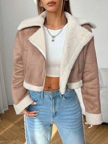 SHEIN PETITE Chaqueta de cuero de PU con cuello de piel corto para mujer en otoño/invierno - Caqui - Ver 4