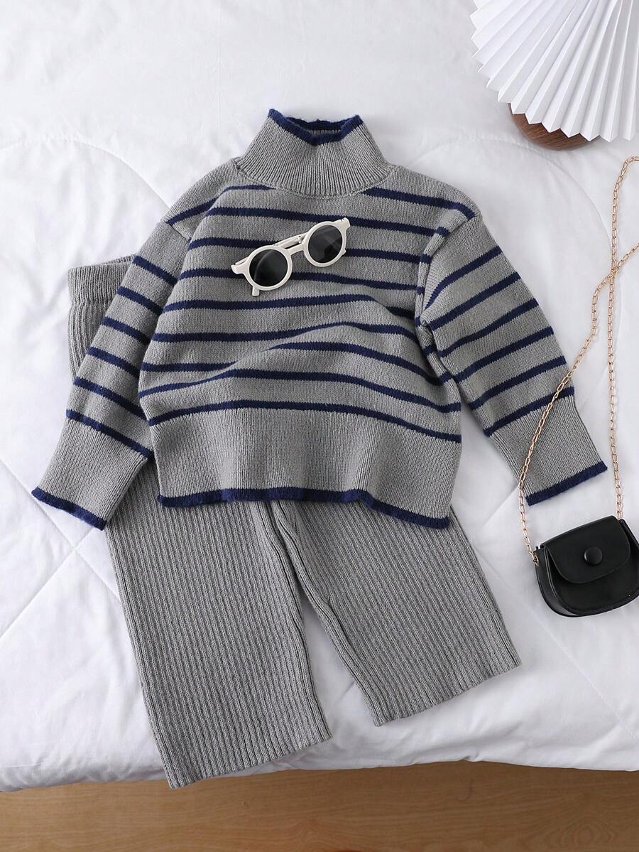 Young Girl' Thick Knit Turtleneck Sweater And Pants Set, Autumn/Winter - Light Grey - View 1