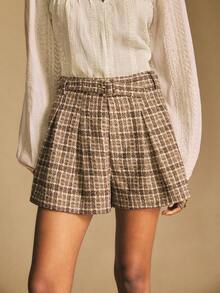 Poéselle Women's Fashion Plaid Pleated Belted Shorts Plaid Skirt Tweed Skirt Belted Skirt - Khaki - View 5