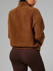 Dewbera 女士时尚加厚保暖抓绒休闲健身跑步户外长袖立领前半拉链下摆弹力褶皱瑜伽宽松棕色卫衣 - 棕色 - 查看 2