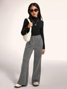 Radiana 2pcs Tween Girls' Casual All-Match Lined Flare Pants, Black And Gray Chic Outfits For Autumn/Winter - Multicolor - View 8