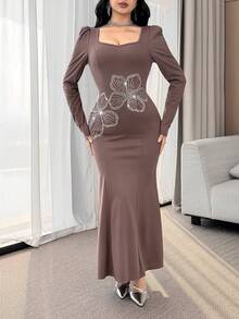 Feyla Elegant Floral Rhinestone Embellished Sweetheart Neck Puff Sleeve Fishtail Hem Dress For Women - Khaki - View 6