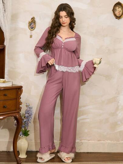 Côtesoire Elegante Romantic Com Tafel Kanten Patchwork Woven Long Sleeve Top Pants Pajama Set, Lotus Roze Ruffle Set Pj Lingerie Pyjama Two Pieces Sleepwear Fall Clothes view 6