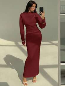 Aloruh Nouvelle robe longue à manches longues, couleur unie, polyvalente, élégante, intellectuelle, minimaliste, pour le bureau et les déplacements, avec fronces, ample au niveau du buste et ajustée à la taillmoulante bodycon - Rouge - Voir 5