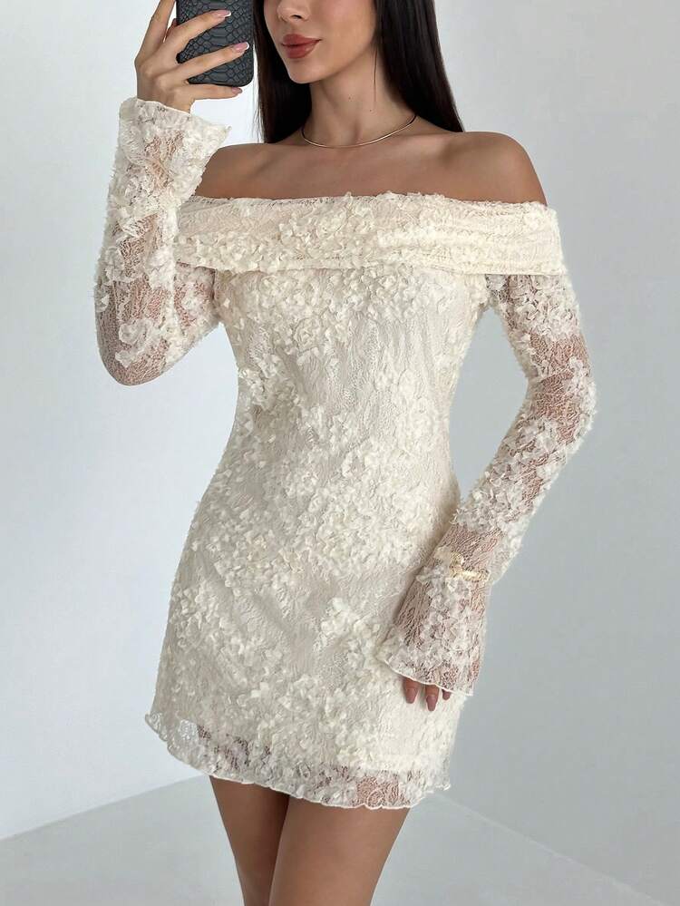 Aloruh 女士露肩纯色修身优雅迷你连衣裙 - 杏色 - 查看 7