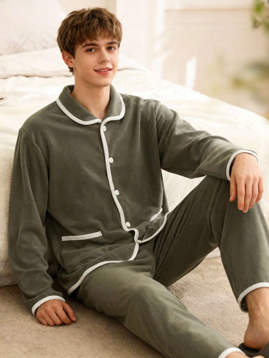 Set de pijamale pentru bărbați, simplu, cu mânecă lungă și pantaloni lungi, în culori solide, pentru adolescenți - Multicolor - Vizualizare 1