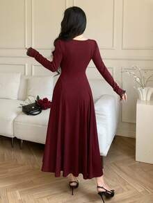 Feyla Đầm dài tay ren tương phản trang trí nơ cho nữ, dáng dài thanh lịch - màu đỏ đậm - Xem 2