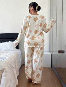 SHEIN Bộ đồ ngủ tay dài in hình gấu và nơ dễ thương cỡ lớn cho nữ, quần áo mùa đông - Màu be - Xem 6