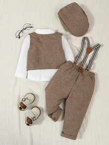 SHEIN 4pcs Baby Boy Formal Gentleman Outfit Set, Including White Long Sleeve Shirt With Bowknot , Single-Breasted Vest, Elastic Waist Suspender Pants And Gentleman Hat, Elegant Suit Set For Infants 6 Months To 3 Years Old, Suitable For Wedding, Competition, Performance, Party, 1st Birthday Celebration, Ring Bearer, Greeter, Christmas And Graduation Ceremony, Spring/Autumn