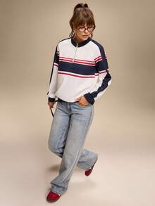 Hanevo Women's Fashion Elegant American Striped Retro Sporty Metallic Zipper Half-Zip Stand Collar Raglan Sleeve Loose Casual Sweatshirt - Multicolor - View 5