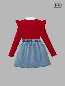Sweetra Tween Girl 2 In 1 Ruffle Trim Shirt And Cherry Embroidered Denim Pleated Skirt Set Fall Winter - Red - View 2