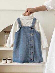 LMoss Kids 女婴蓝色牛仔背带裙 - 卡其色 - 查看 2