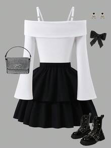 SHEIN Bộ áo thun thanh lịch thời trang cho bé gái tuổi teen, áo len trắng kết hợp chân váy dệt kim màu đen, áo có nơ trang trí màu đen, chân váy đính ngọc trai - trắng - Xem 2
