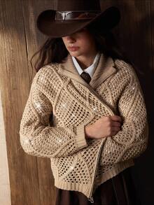 Zovinel 女士时尚百搭纯色镂空针织开衫 - 卡其色 - 查看 7