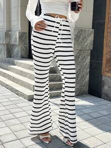 Zielony Pantalon évasé casual rayé pour femmes, tenue minimaliste pour usage quotidien - Noir et Blanc - Voir 3