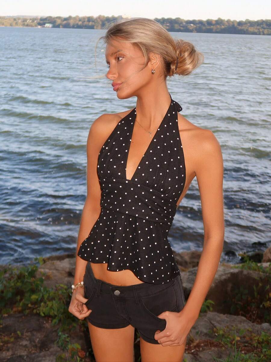 Sydney Algeri Áo kiểu chấm bi cổ chữ V sâu, tối giản, thoải mái cho nữ, áo quấn sau lưng - màu đen - Xem 1